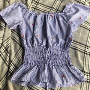 Blue and white stripes with flowers shirt